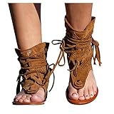 Damen Sommer Quaste Sandalen Mittelalter Europa Retro Bohemian Gladiator Fransen Zehentrenner Frauen Casual Hausschuhe Flip Flops Stiefeletten Strandschuhe rutschfeste Slipper Roman Tang