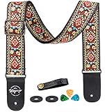 Gitarrengurt Vintager gesponnener Art-justierbarer akustischer elektrischer Gitarren-Baß-Bügel mit Lederenden, Plektren, Strap Bundle, Knopf (rot)