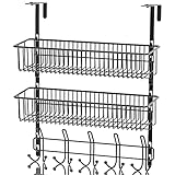 Türhaken Zum Einhängen 15 Kleiderbügel Hakens mit 1 Mesh Korb über Tür Lagerung Rack, Kleiderhaken Tür, schwarzer Korb für Garderobenhaken Tür Aufhänger, hängeregal Bad, hängeregal küche (2 Korb)