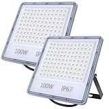 LED Strahler Außen 100W, 10000LM Superhell LED Fluter, IP67 Wasserdicht Außenstrahler Flutlicht, 6500K Kaltweiß LED Scheiwerfer für Hinterhof, Garage, Flur, Garten, Auffahrt, Türen 2p