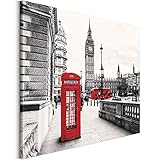 Revolio 40x30 cm Leinwandbild Wandbilder Wohnzimmer Modern Kunstdruck Design Wanddekoration Deko Bild auf Leinwand Bilder 1 Teilig - London Telefonzelle schwarz-weiß