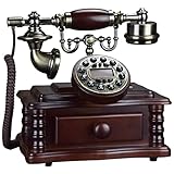 Retro Phone Vintage Phone Solid Wood + Metal Button Dial Antique Home Office Landline (A)