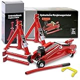 ENVA 2X Klappbarer Unterstellbock Kfz 2t, Stützbock höhenverstellbar von 277 mm – 365mm + 1x Hydraulik Wagenheber 2t Hubhöhe 135 – 340 mm, Profi Rangierwagenheber Car Jack