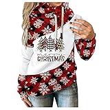Weihnachtsoberteil Damen Casual Weihnachten T-Shirt Lange Ärmel mit Rundhalsausschnitt Langarm Shirts Modische Kontrastnähte mit Kapuze Weihnachtspullover Weihnachts-H
