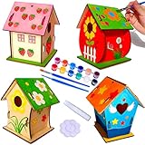 4 Stück Holz Vogelhaus Bausatz,DIY Kinder Holz Vogelhaus, Kinder Vogelhaus Bemalen Kit, Kunst hängendes Vogelhaus-Set, Enthalten 12 Farben, Malpalette und 2