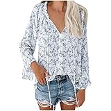 TheSosy Damen Langarmshirt Lose V-Ausschnitt Blumenmuster Hemd Chiffon Oberteile Elegant Leichtes Oberteil Frauen Tshirt Sweatshirt Pullover Ausgestellte Ärmel Tunika Blusen(Blau,M)