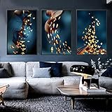 Nordic Light Luxus Gold Vögel Fisch Leinwand Gemälde Feder Wandkunst Poster Wanddrucke für Wohnzimmer Wohnkultur40x60cm x3 Kein R