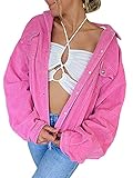 Langärmelige Jeansjacke für Mädchen, Herbst/Damen, Freizeit-Stil, einfarbig, Revers, einreihig, raue Webkante, Mantel mit Tasche, rose, 36