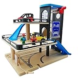 Wlnnes Track 3-stöckige Spielzeuggarage 3-6-10 Jahre Holzparkplatz Simulation von großen Holzkinderparkhaus Holzparkplatz Eisenbahnwagen Spielzeugparkhaus Spielset mit Zubehö