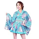 Sexy japanische Geisha Kimono-Kostüm, Damen, Blumenmuster, Satin, kurzer Stil, Yukata-Kleid mit Obi Gürtel - Blau - Einheitsgröß