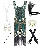 FUNDAISY 1920er Jahre Gatsby Pailletten gefüttert Paisley Flapper Dress Set mit 20er Jahre Zubehör (Style02-Gold & Grün, M)