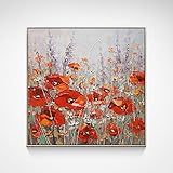 Handgemalte Leinwand Bilder,Abstrakte Moderne Wandkunst Strukturierte Mohnblumen Lavendel Nordische Quadratische Kunstwerke Große Rahmenlose Coole Gemälde Wohnkultur Für Schlafzimmer Wohnzimmer B
