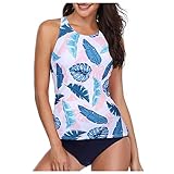 BBRS Damen Tankini High Waist High Neck Neckholder Tummy Control Zweiteiliger Badeanzug A, rose, M