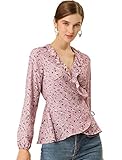 Allegra K Damen Blumendruck Krawatte Taille Bluse Rüschen Hals Vintage Chiffon Wickeltop - Pink - X-Groß