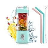 Tragbar Mixer, Vaeqozva Mini Standmixer Obst wiederaufladbar mit USB, Persönlicher Mixgetränke Fruchtsaft Blender für Smoothie, 380ml, 6 3D-Klingen, Hellb