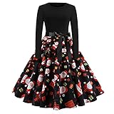 Retro Weihnachten Kleider Damen Langarm Weihnachtskleid Vintage Hepburn Cocktailkleid Partykleid A-Linie Hohe Taille Swing Kleid Dress Elegant 50er Christmas Abendk