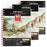 Arteza Zeichenblock Mixed Media Sketchbooks Spiralgebundener Skizzenblock mit 60 Blättern, Säurefreies Papier, 180gms -140 x 216mm, 3 Stück