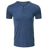 Kragenloses Shirt Herren Atmungsaktiv Sommer Basic V-Ausschnitt Herren Shirt Knopfleiste Einfarbig Slim Fit Kurzarm Muskelshirt Schweiß Absorbieren Jogging Herren Freizeitshirt C-Blue M