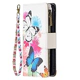 Miagon 9 Kartensteckplätzen Lederhülle für Samsung Galaxy S22,Bunt Reißverschluss Flip Hülle Wallet Case Handyhülle PU Leder Tasche Schutzhülle,Schmetterling B