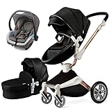 Hot Mom 360° Rotation Kinderwagen 3-1 Kombikinderwagen Buggy mit Babywanne & Sportsitz, inklusive Babyschalen-Adapter, Aluminium Rahmen (mit Autositz, schwarz-3in1) 2022 sty