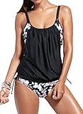 EUDOLAH Damen Padded Bikini-Set Streifen zweiteilig Swimwear Beachwear (L, A-Blumen schwarz)