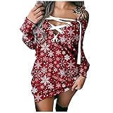 Damen Langarm Pulloverkleid Strickkleid Schulterfrei Partykleid Pullover Kleider V-Ausschnitt Elegant Tunika Kleid Für Herbst Winter Minikleid Sweatshirt Lose Weihnachten Druck Sexy Freizeitk