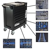Werkzeugwagen Werkstattwagen 8 Schubladen | bestückt | 6 Schubladen mit Werkzeug 249 TLG. gefüllt hochwertiger Chrom Vanadium Stahl | Edelstahlablage | Zentralverriegelung (Black)