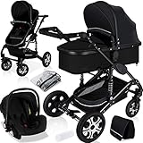 KESSER® Loops 3 in 1 Kinderwagen Kombikinderwagen komplettset incl. Babywanne & Buggy Sportsitz & Auto-Babyschale - Voll-Gummireifen - Wickeltasche/Regenschutz/Kindertisch Set, Schwarz/Schw