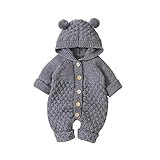 VICROAD Baby Strampler Gestrickter Overall Babykleidung Kapuze mit Süßen Ohren für Jungen Mädchen Neugeborene, Grau, 3-6 Monate (Herstellergröße: 66)