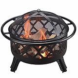 Teamson Home Große 76 cm runde Holzfeuerstelle für den Garten, Gartenmöbel, Kaminofen, Feuerstellenheizung, Metall-Holzbrenner-Feuerschale mit Deckel und Schürhak