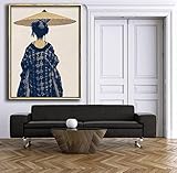 Leinwand Wandkunst Geisha Kimono blau beige Poster Drucke Chic Kunst Bilder für Wohnzimmer Schlafzimmer dekorative Kunstwerk (24”x31”(60x80cm)Rahmenlos)