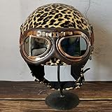 TKYDM Erwachsene Retro Motorrad Halbhelm Sexy Leopardenmuster Schädel Hut Männer Frauen Gesichtslose Open Face Motorrad Lederhelm mit Bronzespiegel Vintage Moped Roller Helm ECE App