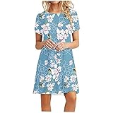 BOOMJIU Damen Sommerkleid Kurzarm Knielang T-Shirt Kleider Casual Elegant Boho Blumen Strandkleider Freizeitkleid Kurzarm O Ausschnitt Bedruckte Lose Minik