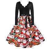 Damen Cocktailkleid Elegant Abendkleid Weihnachten Kleid Satin Kleid Weihnachtsmann Drucken Party Kleider Langarm A-Linie Kleid V-Ausschnitt Partykleid großen Winterk