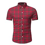 LSSM Sommer Herrenhemd Herren Klein Kariertes Kurzarmhemd Herren Karohemd ÄRmelläNge Regular Fit Kragenloses Shirt Leinenhemd Kurzarm Gingham-Karo Hawaii-Shirt FüR Herren ReguläRe Rot 3XL