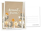 10 Einladungskarten - Kommt feiern! - Beige Orange mit Blumen, geschmackvolle Einladung zu Hochzeit, Geburtstag und Jubiläum auf hochwertigem Recyclingpap