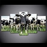 JIUZI-5 teilig Moderne HD Print Leinwand Kunstwerk- Milchkühe Herde auf Farmgras 5 Teilig Kunstdruck Für Home Büro Eingerichtet Dekoration Geschenk (Mit Rahmen)
