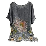 Masrin Baumwolle Leinen T-Shirt für Frauen Vintage Ethnischen Stil Schmetterling Blumen Löwenzahn Moon Star Print Tops Übergroße Kurzarm O-Ausschnitt Lose Tunika Bluse(L,Orange)