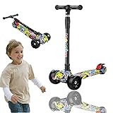 Kinderroller 3 Räder Faltbar, Scooter, Kinder Roller, Kinder Scooter, Dreirad Scooter mit LED Leuchtenden Räder, 4 Höhenverstellbare, Graffiti Kinder Scooter, für ab 3-12 Jahre Jungen und M