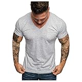 Yowablo T-Shirts/Tops Herren V-Ausschnitt Tasche gestreiftes Muster Casual Fashion Revers Kurzarm Shirt (S,1Grau)