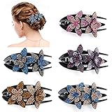 Haarspangen Damen mit Strasssteinen - Haarklammer Groß, Double Flower Strass Hochzeit Haarklammern Rutschfest Vintage Hair Clip für Täglich Feiern (Schwarz)