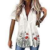 MEITING Bluse Damen Kurzarm Revers Hemd mit Knöpfen mit Blume Motive Tasche T-Shirt Sommer Sweatshirts Oberteile Frauen Casual Lose V Ausschnitt Tshirt Basic Atmungsaktiv Bluse Sommerhemd Top