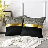 Artscope 2er Set Samt Kissenbezug für Sofa Auto Schlafzimmer Luxuriöser Moderne Minimalist Goldenen Ledernähten Wellenstreifen Dekokissen Kissenhülle Kissen Fall 45x45cm Schw