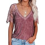 GDOV Damen Aushöhlen Blumen Spitze Bluse Sommer Kurzarm Tiefer V-Ausschnitt Rückenfrei Schlanke Passform Tunika Crop Tops Frauen Lässig Elegant Basic Übergröße Baumwolle Einfarbig Bequem T-Shirt H