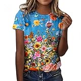 Damen Kurzarm T Shirt Bedrucken Mode Motiv Bunt Shirt Vintage Sommer Oberteile Casual Rundhals Tshirt Kurzen Ärmeln Hemd Bluse T-S