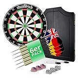 Stagecaptain DBC-1775 BK Bullseye Pub Dartschrank mit Pfeilen - Holz Dartkasten mit Profi Steeldart Scheibe - Dartboard mit extra dünnen Drähten - Dartscheibe mit 6 Dartpfeilen und 4 Sets Flig