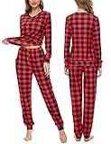 SWOMOG Damen-Pyjama-Set, langärmelig, zweiteilig, Nachtwäsche, V-Ausschnitt, Lounge-Sets mit Taschen, Schwarz-rotes Raster, S