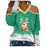 Overdose Damen Oberteile Mode Tops Weihnachtsdruck Blusen Schulterfrei Lange Ärmel Tunika Casual T-Shirts Loose Mode Hemd V-Ausschnitt Long