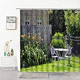 Holzzaun mit grünen Zweigen und Blättern Duschvorhang Stoff European Retro Gate Bad Dekor Vorhänge 3D Badezimmerbedarf C 180x180