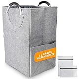 Monlamar® Wäschekorb mit abnehmbarem Trenner & Zwei Wäschenetzen - 34x28x50cm - faltbar, schmal & platzsparend - Polyester Wäschesammler mit Griffen - ideal zum Vorsortieren - 47Liter (Grau)